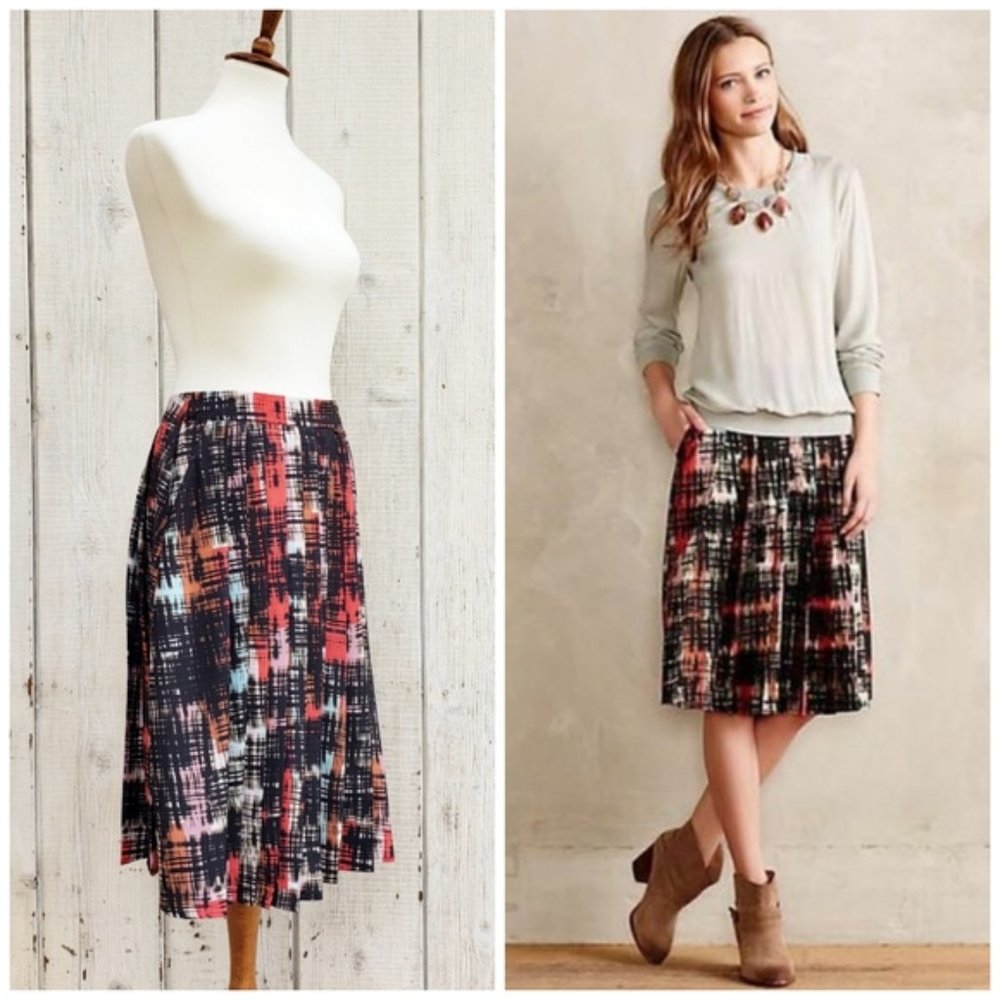 Anthropologie Printed Pleated Midi Skirt in Black, Coral, Cream